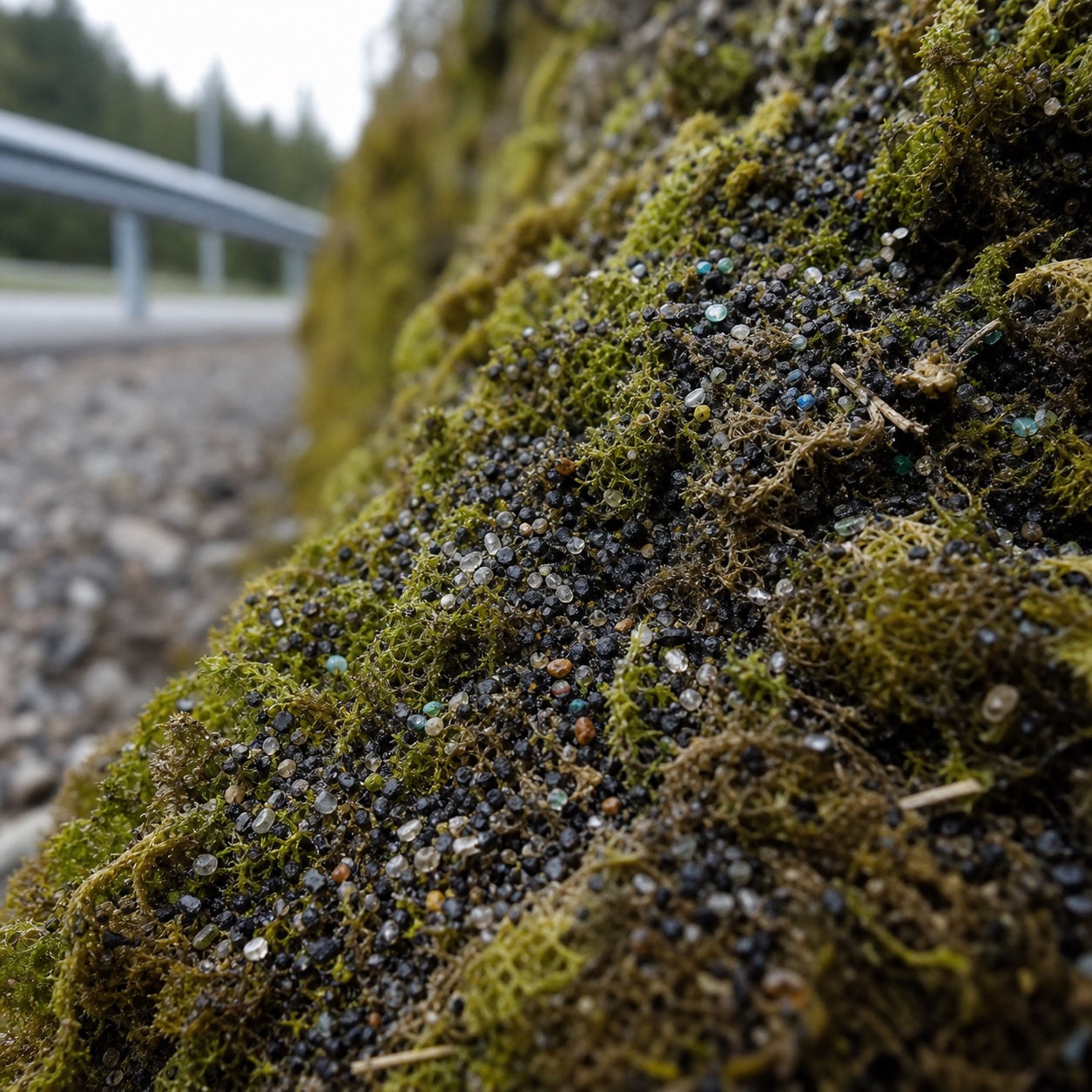 Makrobilde av mikroplast og trafikkpartikler fanget i mose og biomasse ved vei